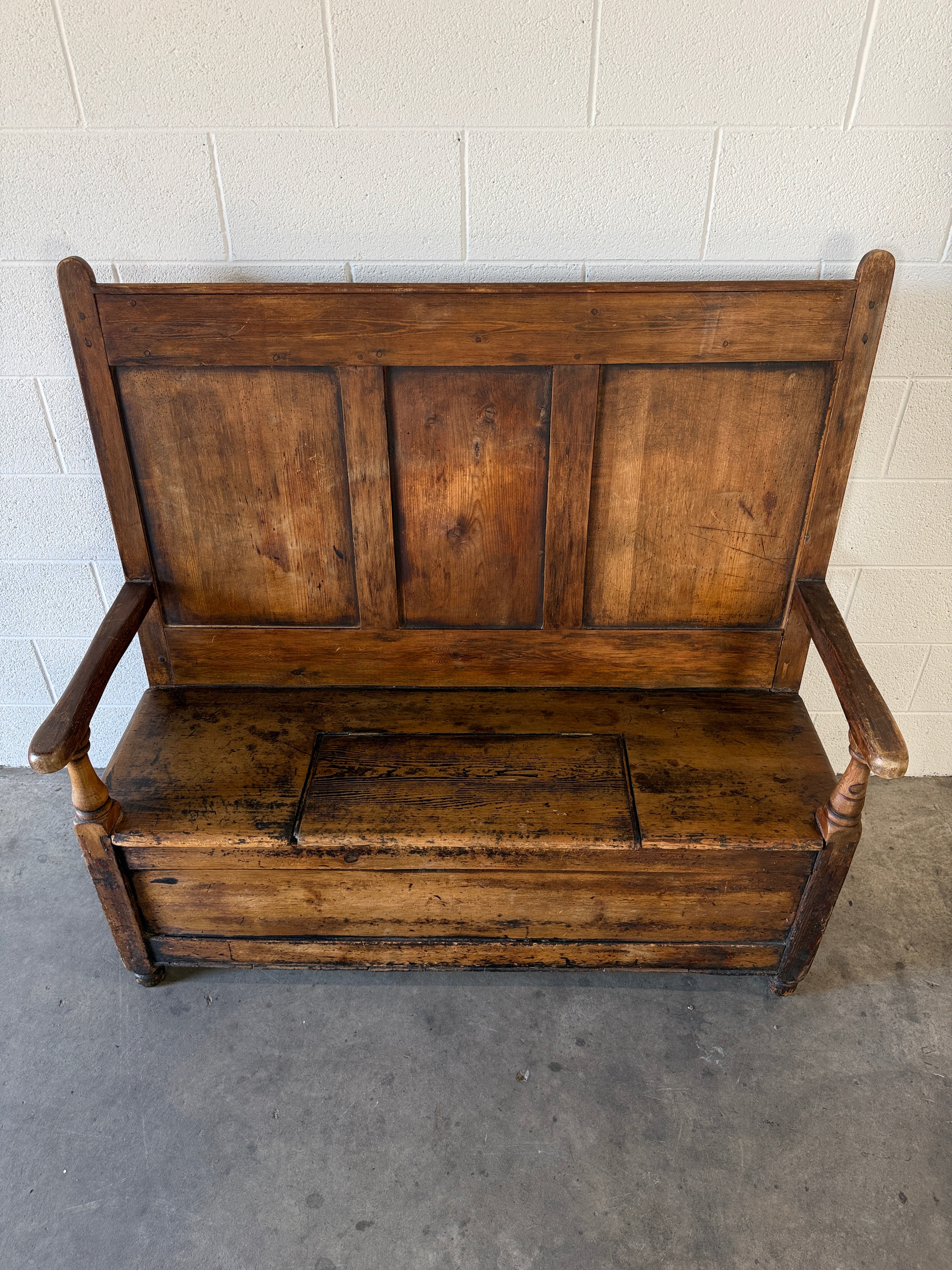 English pine settle with storage in the bench seat