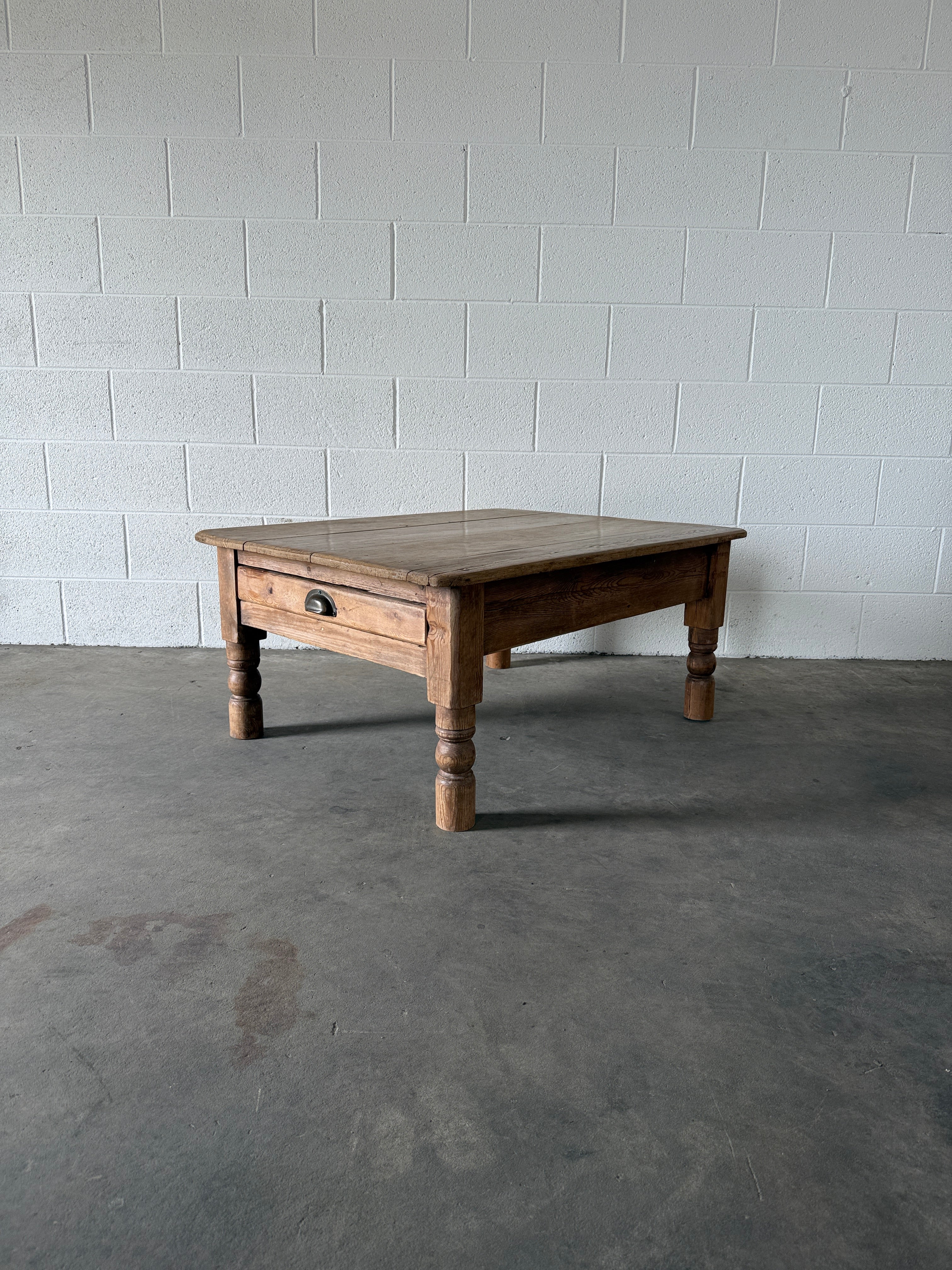 Petite antique pine coffee table with dummy drawer