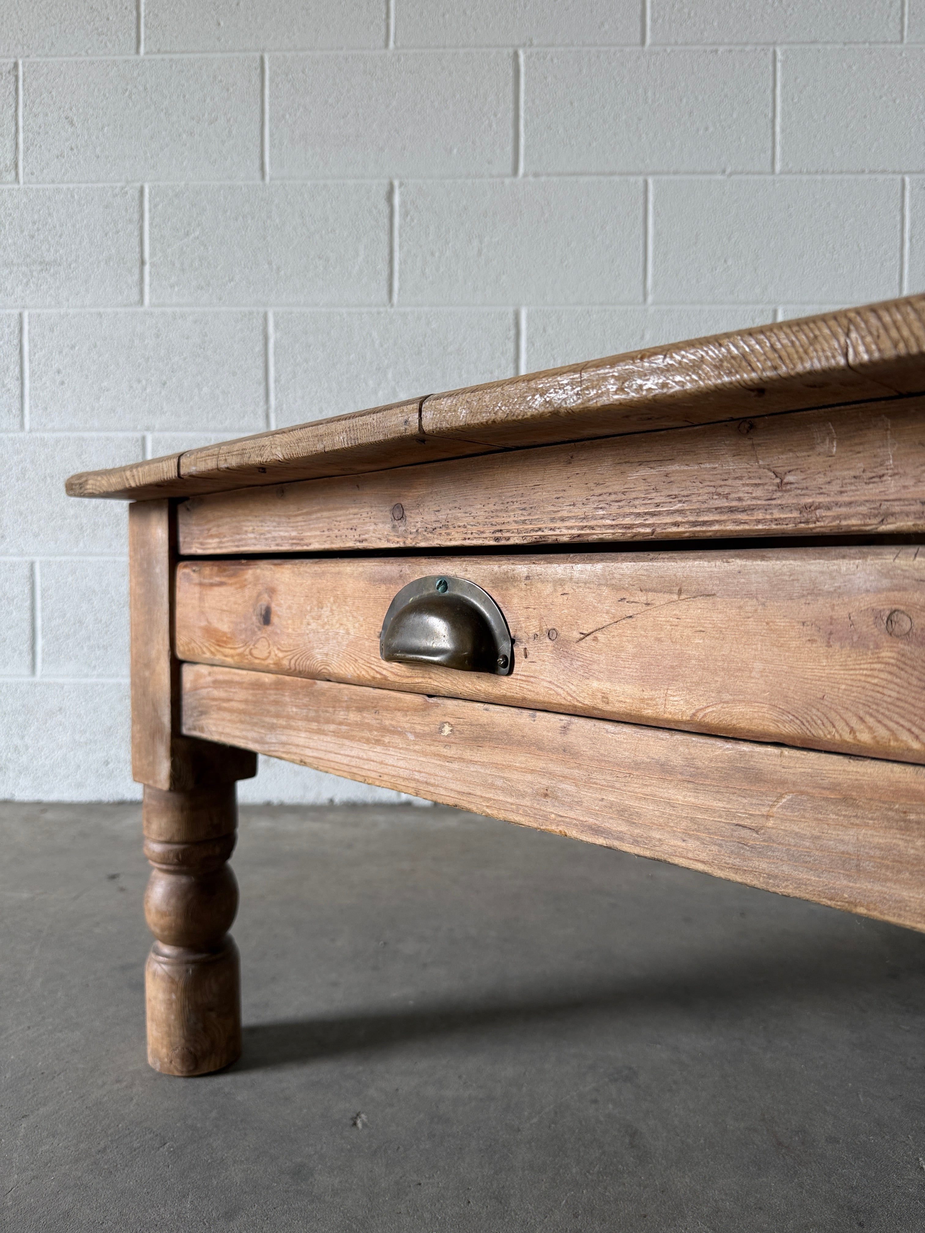 Petite antique pine coffee table with dummy drawer