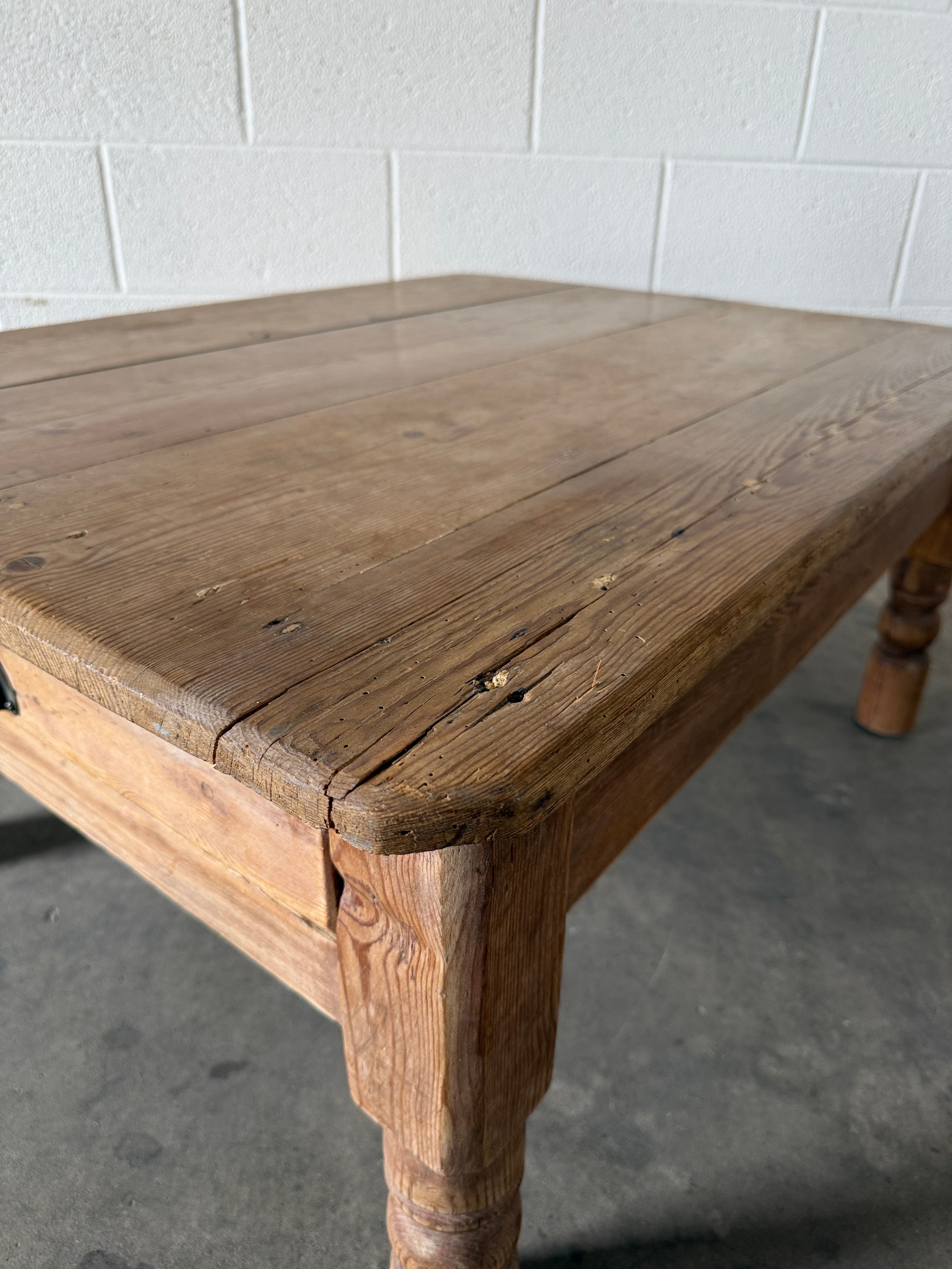 Petite antique pine coffee table with dummy drawer
