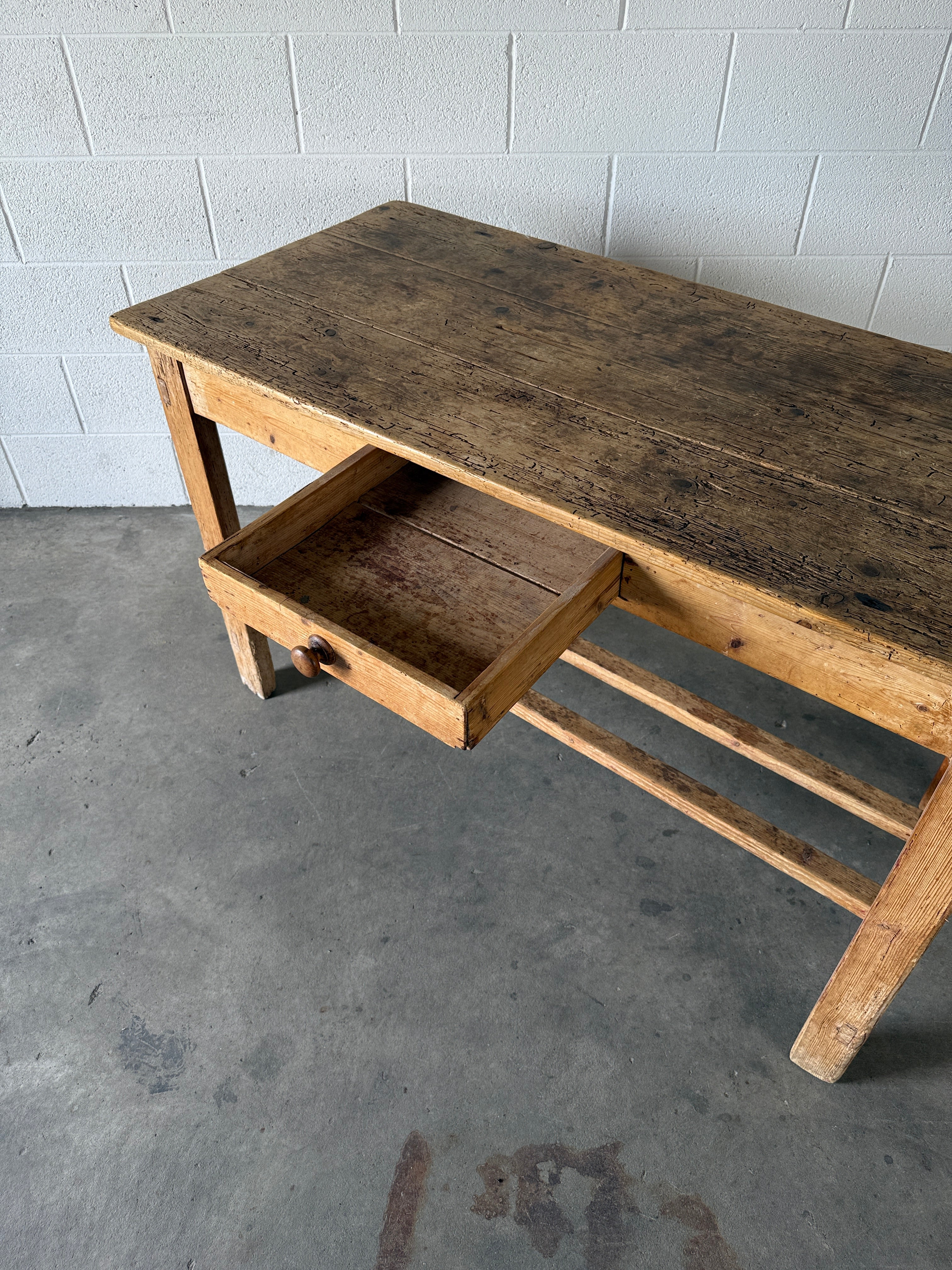 Irish pine prep table with double stretcher