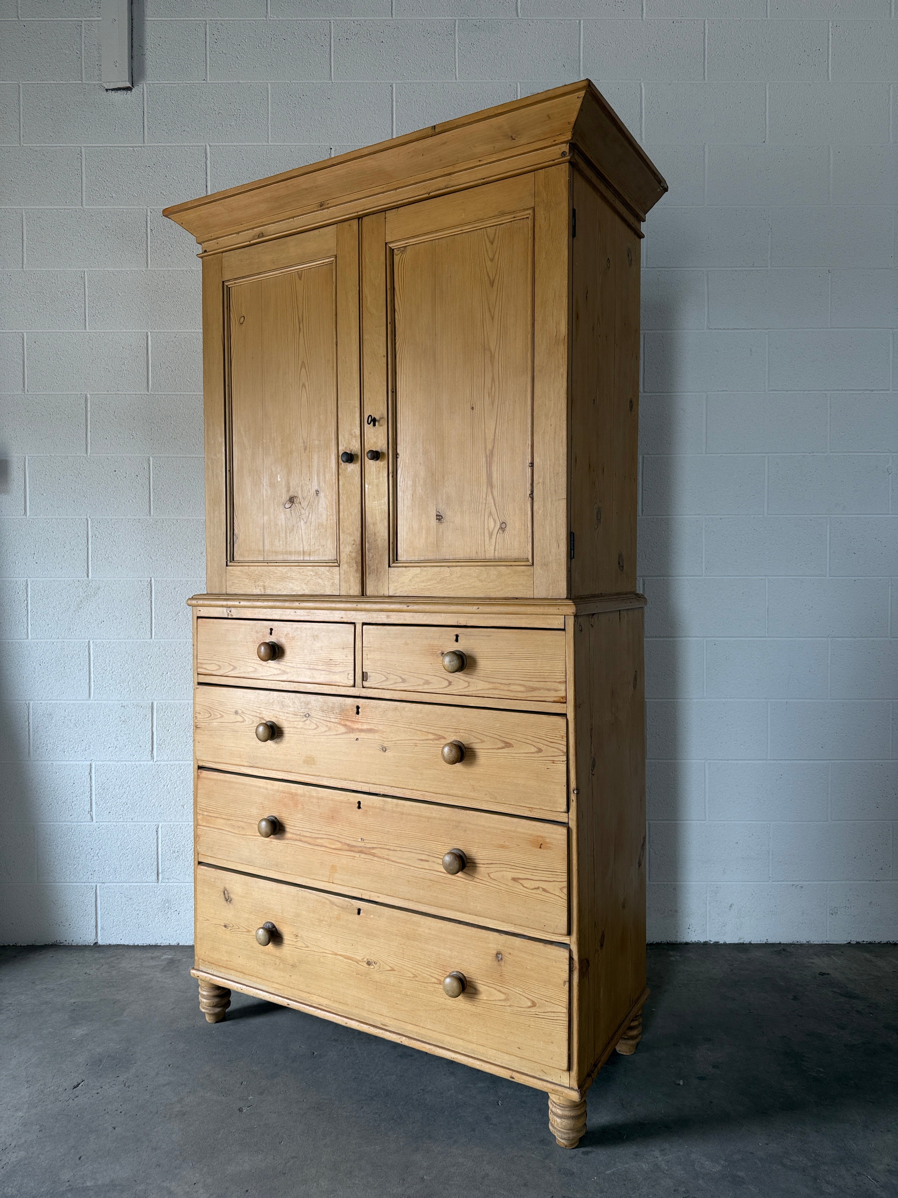 Victorian Pine Linen Press with Working Key