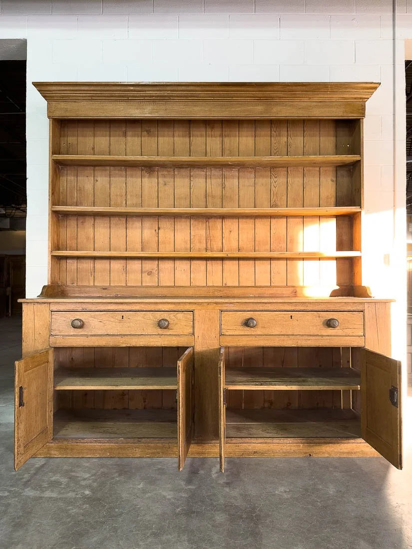 Nearly 8' country farmhouse antique pine dresser with plate rack