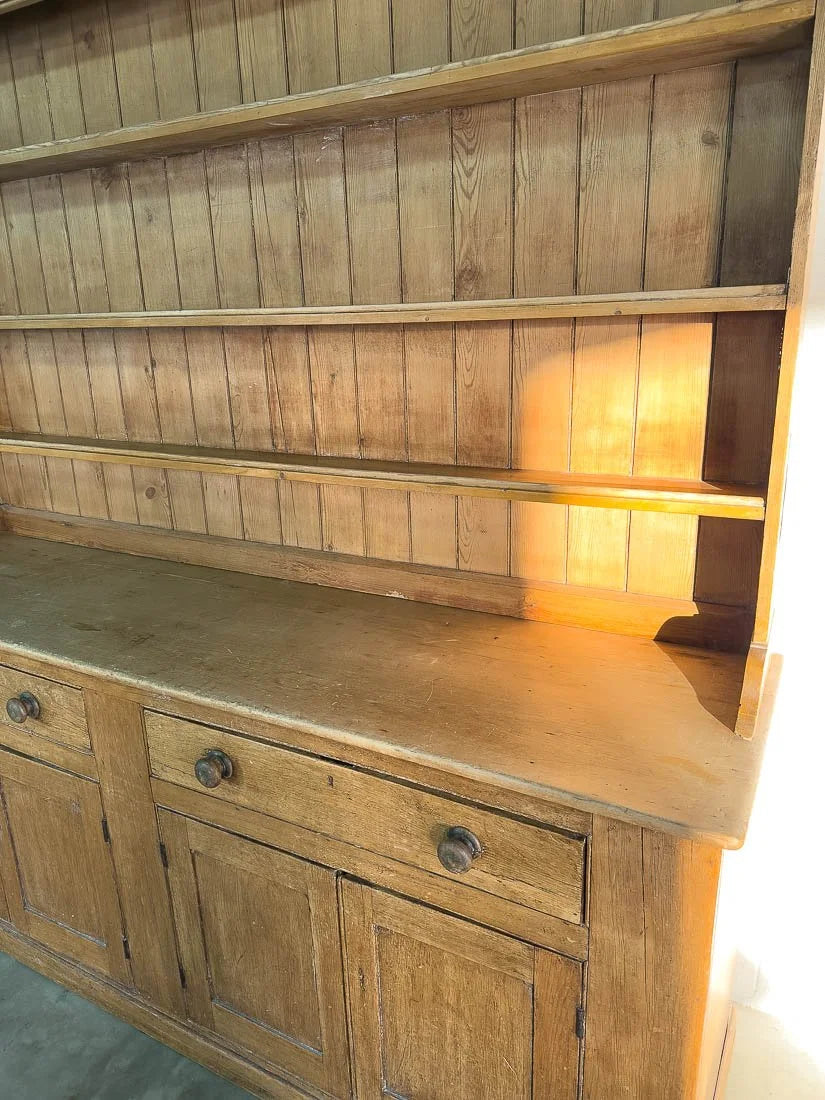 Nearly 8' country farmhouse antique pine dresser with plate rack