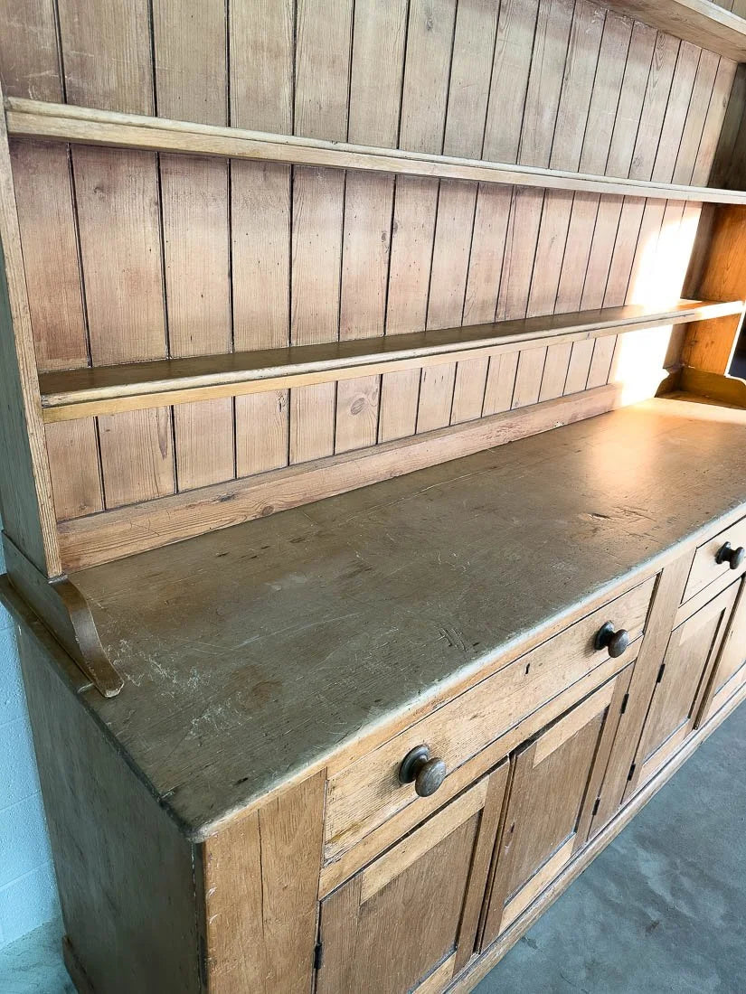 Nearly 8' country farmhouse antique pine dresser with plate rack