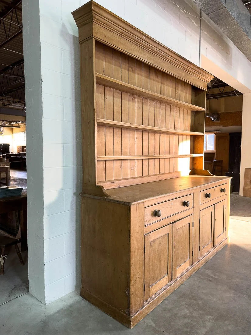 Nearly 8' country farmhouse antique pine dresser with plate rack