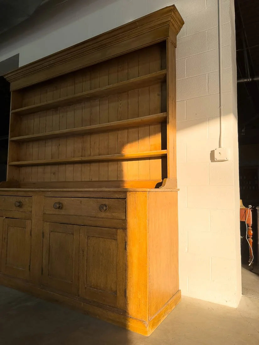 Nearly 8' country farmhouse antique pine dresser with plate rack