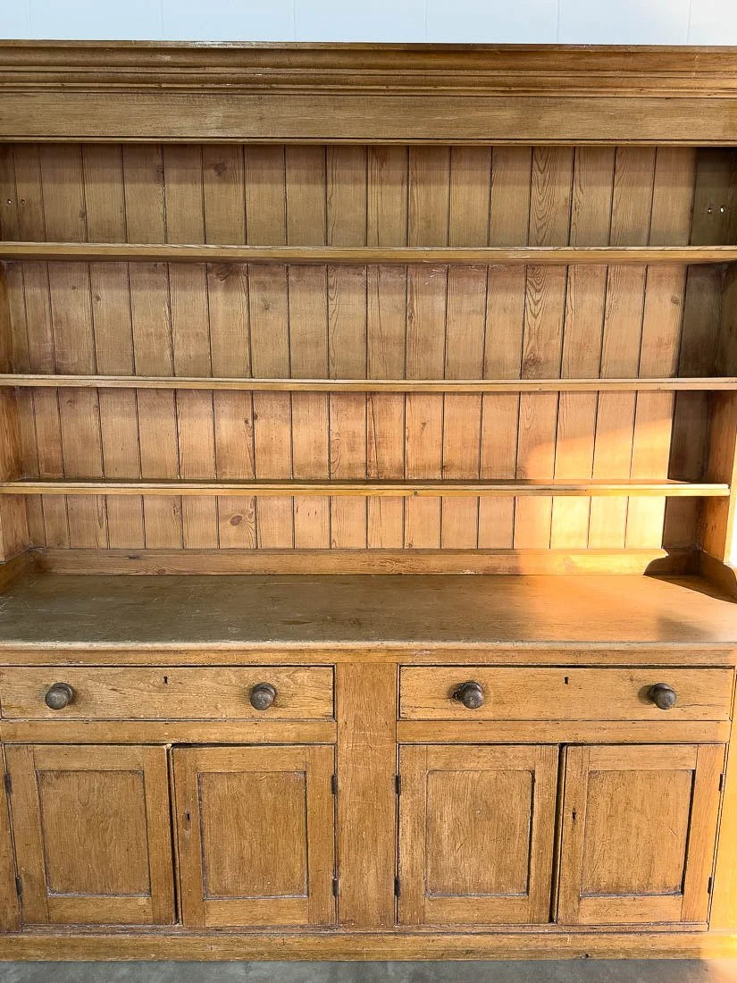 Nearly 8' country farmhouse antique pine dresser with plate rack