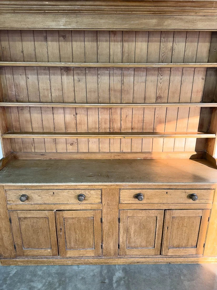 Nearly 8' country farmhouse antique pine dresser with plate rack