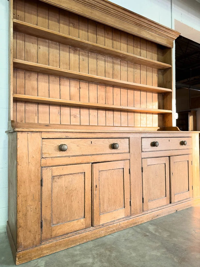 Nearly 8' country farmhouse antique pine dresser with plate rack