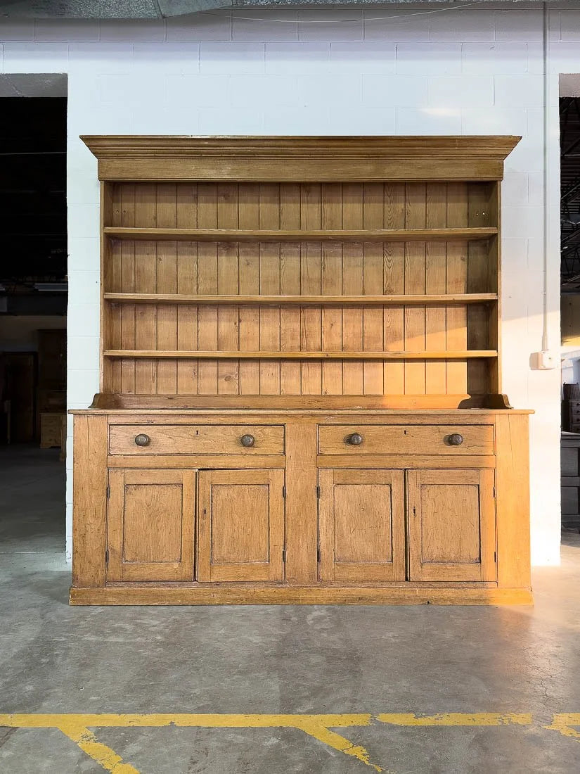 Nearly 8' country farmhouse antique pine dresser with plate rack