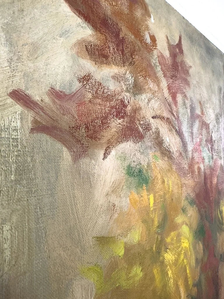 Large antique painting of flowers in a vase