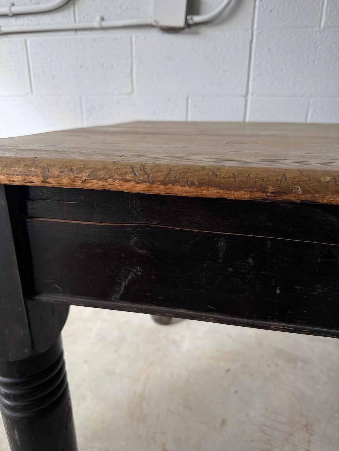 Antique black pine table with turned legs - House on Horizon