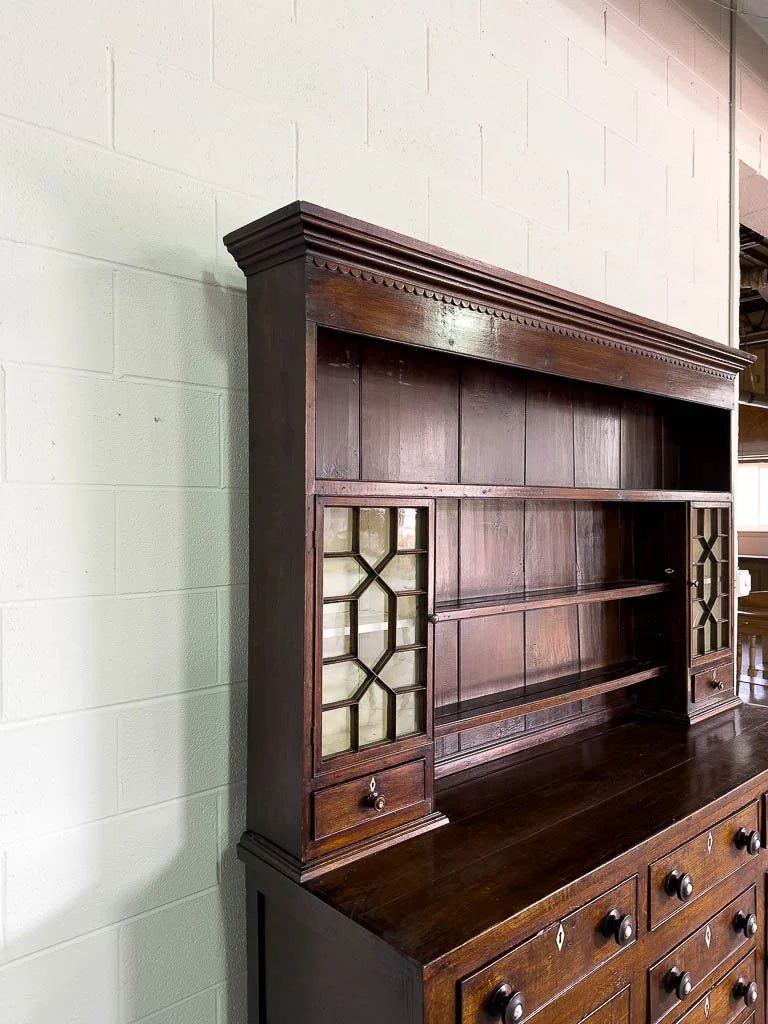 Antique English oak kitchen dresser with scalloped detail - House on Horizon