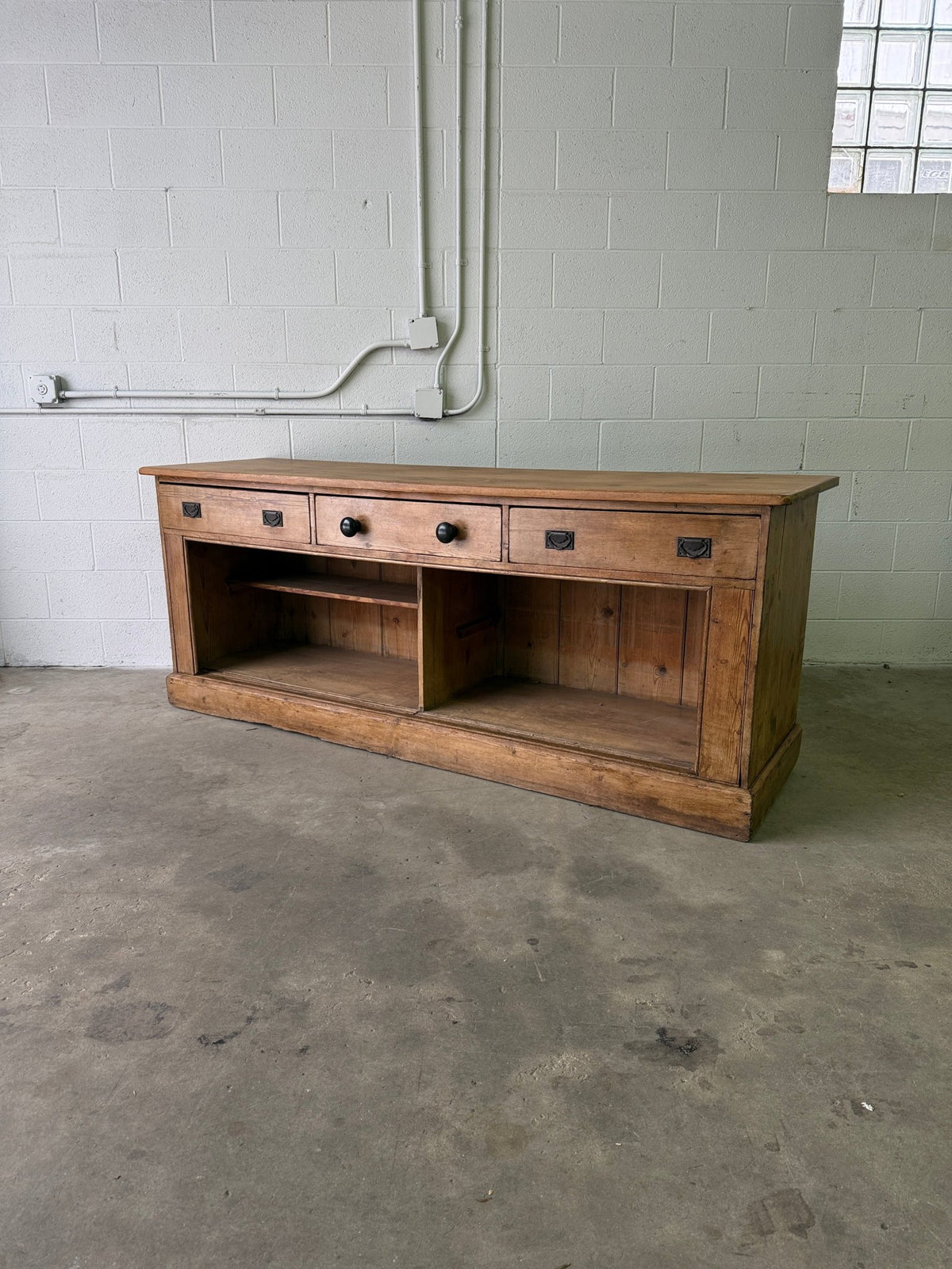 Antique English pine sideboard with open storage - House on Horizon