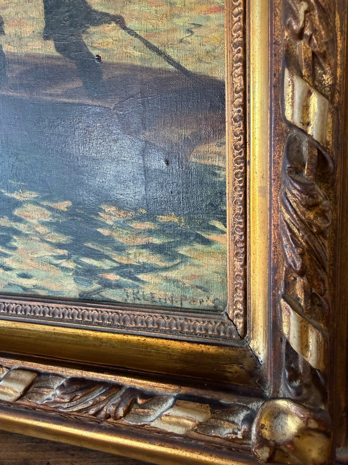 Antique European oil on canvas - ships at sunset - House on Horizon
