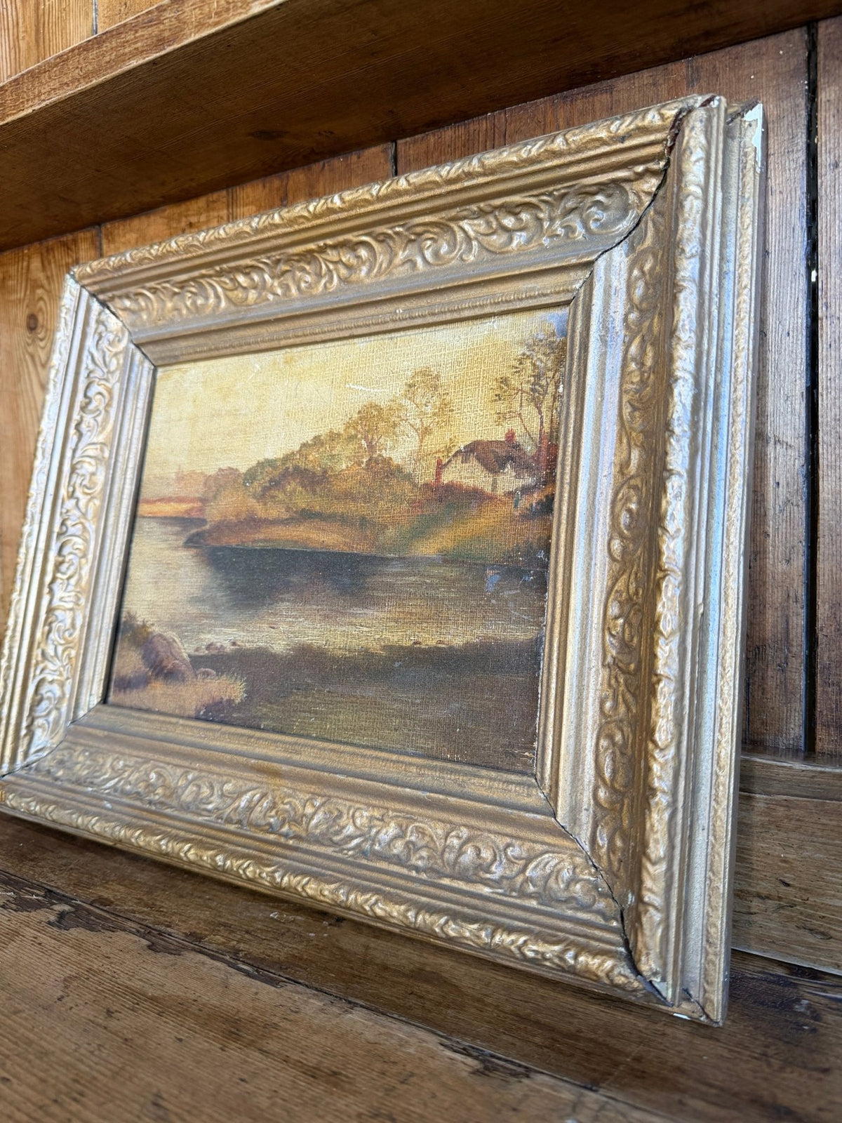 Antique landscape in wooden frame - House on Horizon