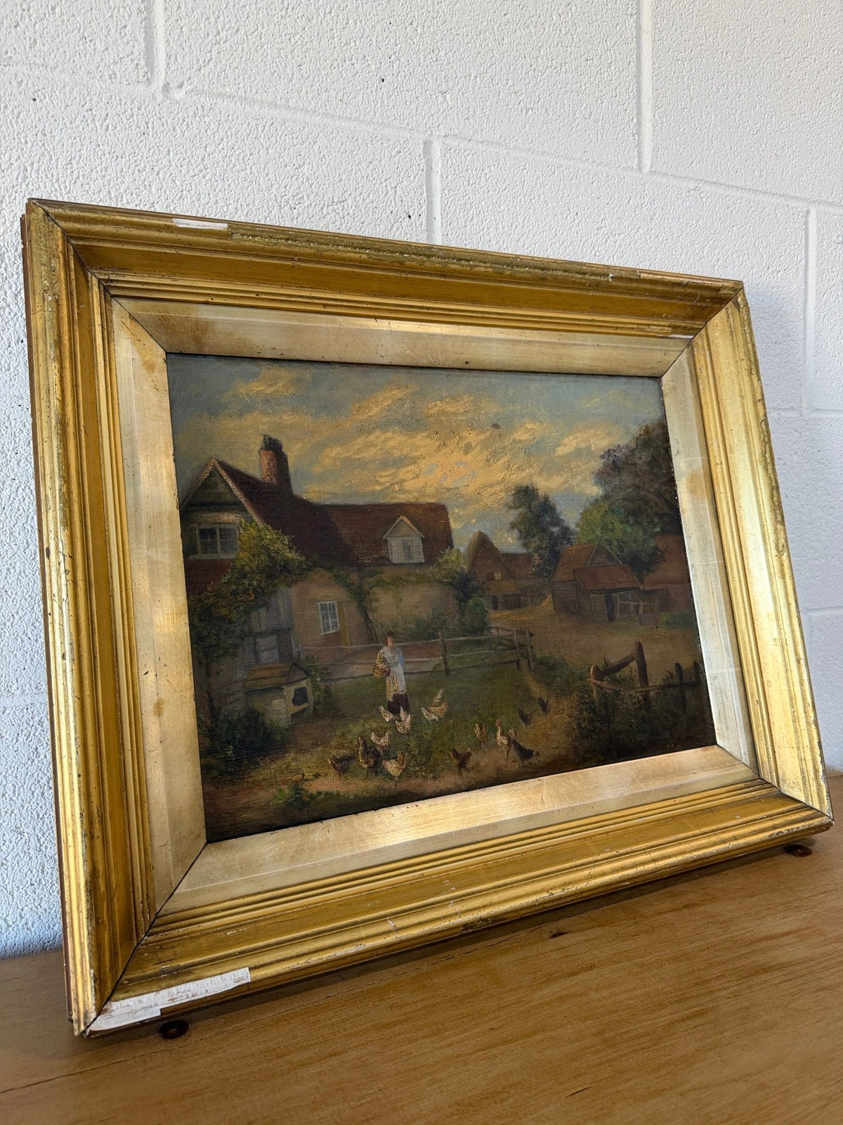 Antique oil on canvas - feeding the animals - House on Horizon