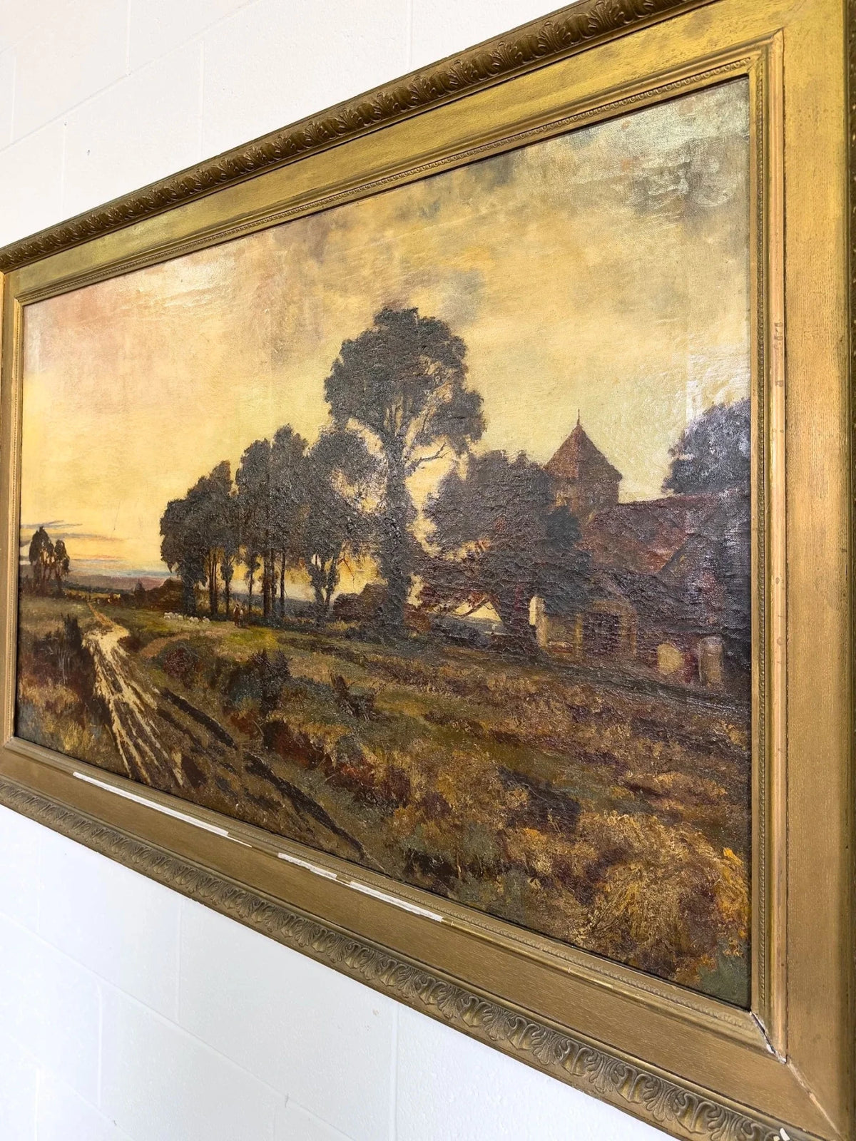 Antique Oil on Canvas Landscape Painting - House on Horizon
