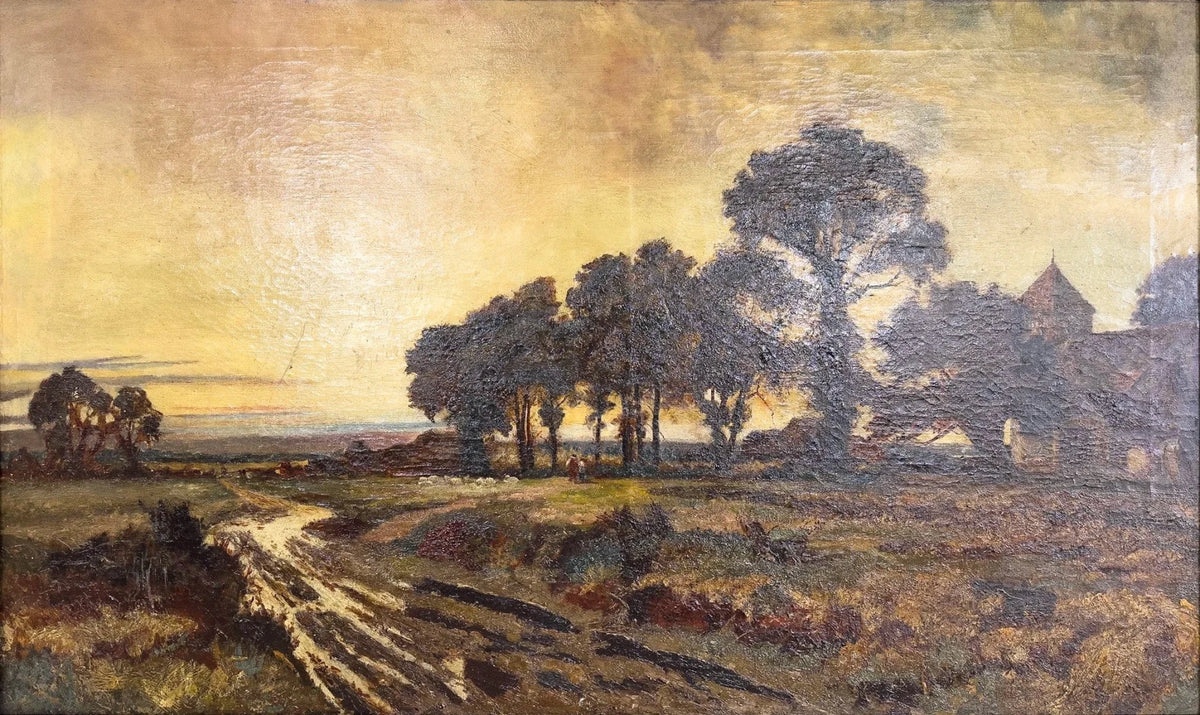 Antique Oil on Canvas Landscape Painting - House on Horizon