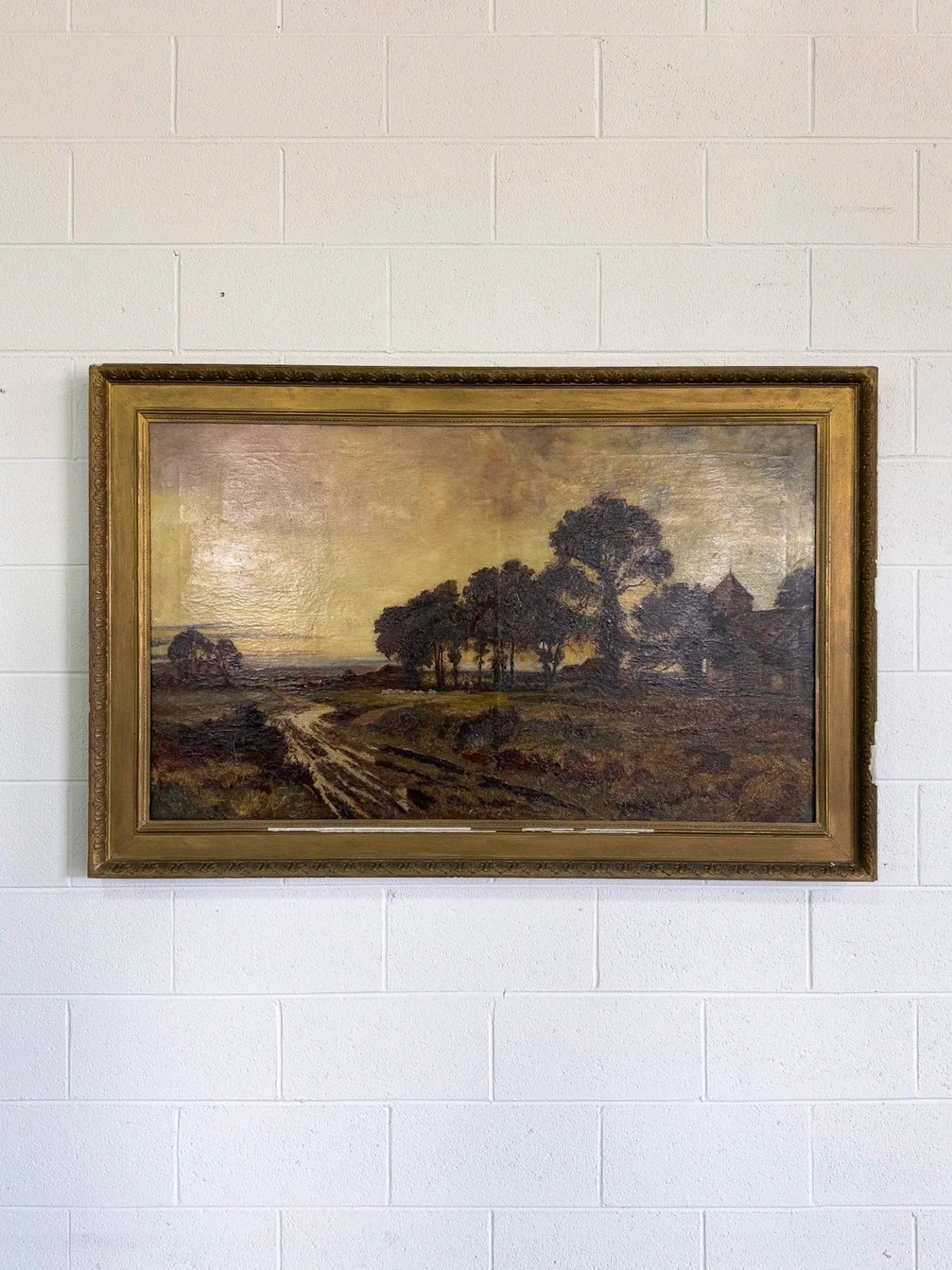 Antique Oil on Canvas Landscape Painting - House on Horizon