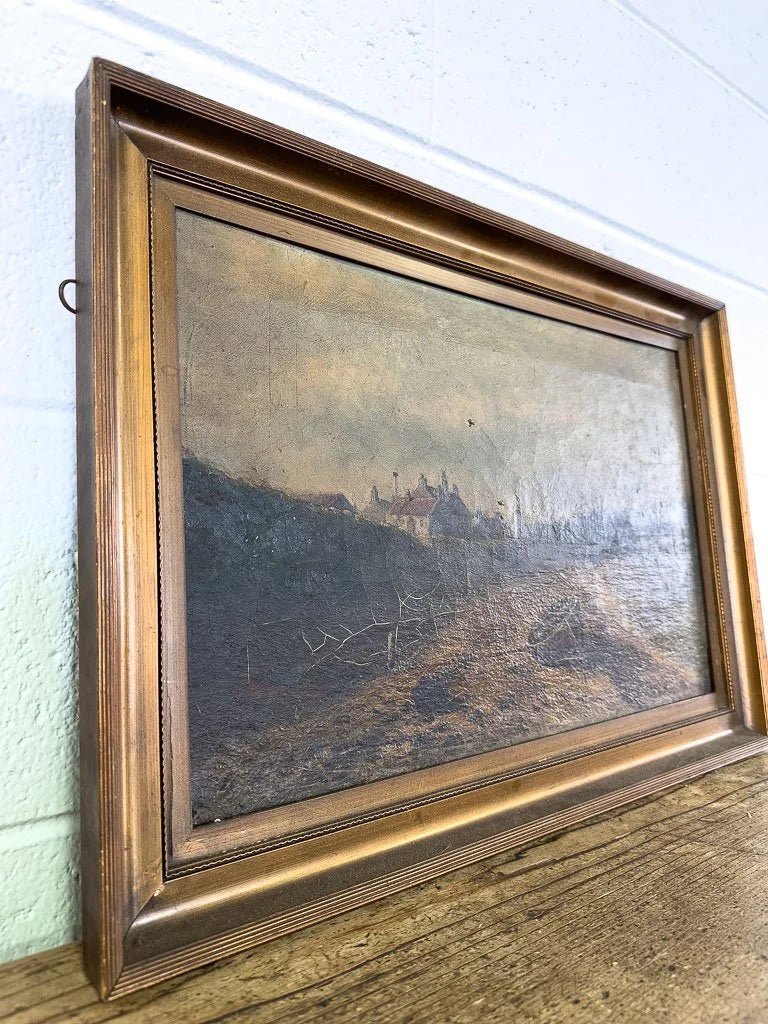 Antique oil painting of a boat on the shore - House on Horizon
