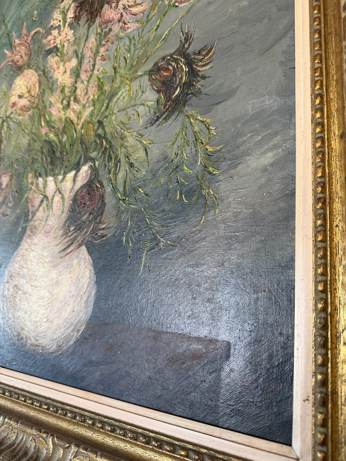 Antique oil painting of flowers - House on Horizon