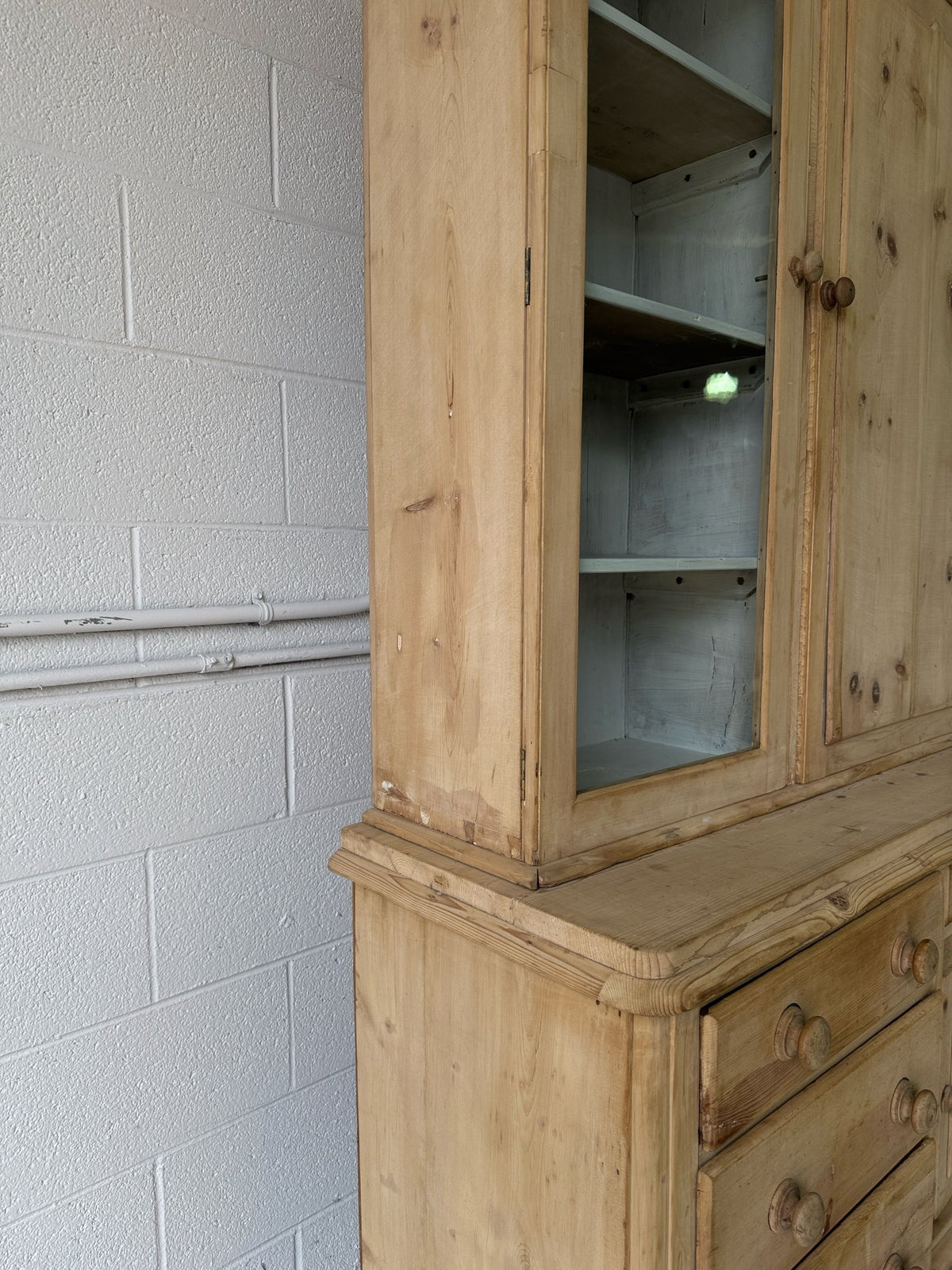 Antique pine housekeepers cupboard with wavy glass - House on Horizon
