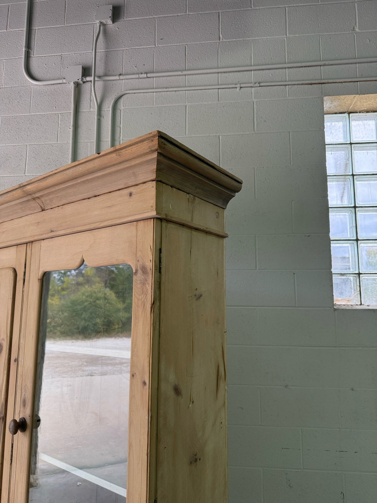 Antique pine housekeepers cupboard with wavy glass - House on Horizon