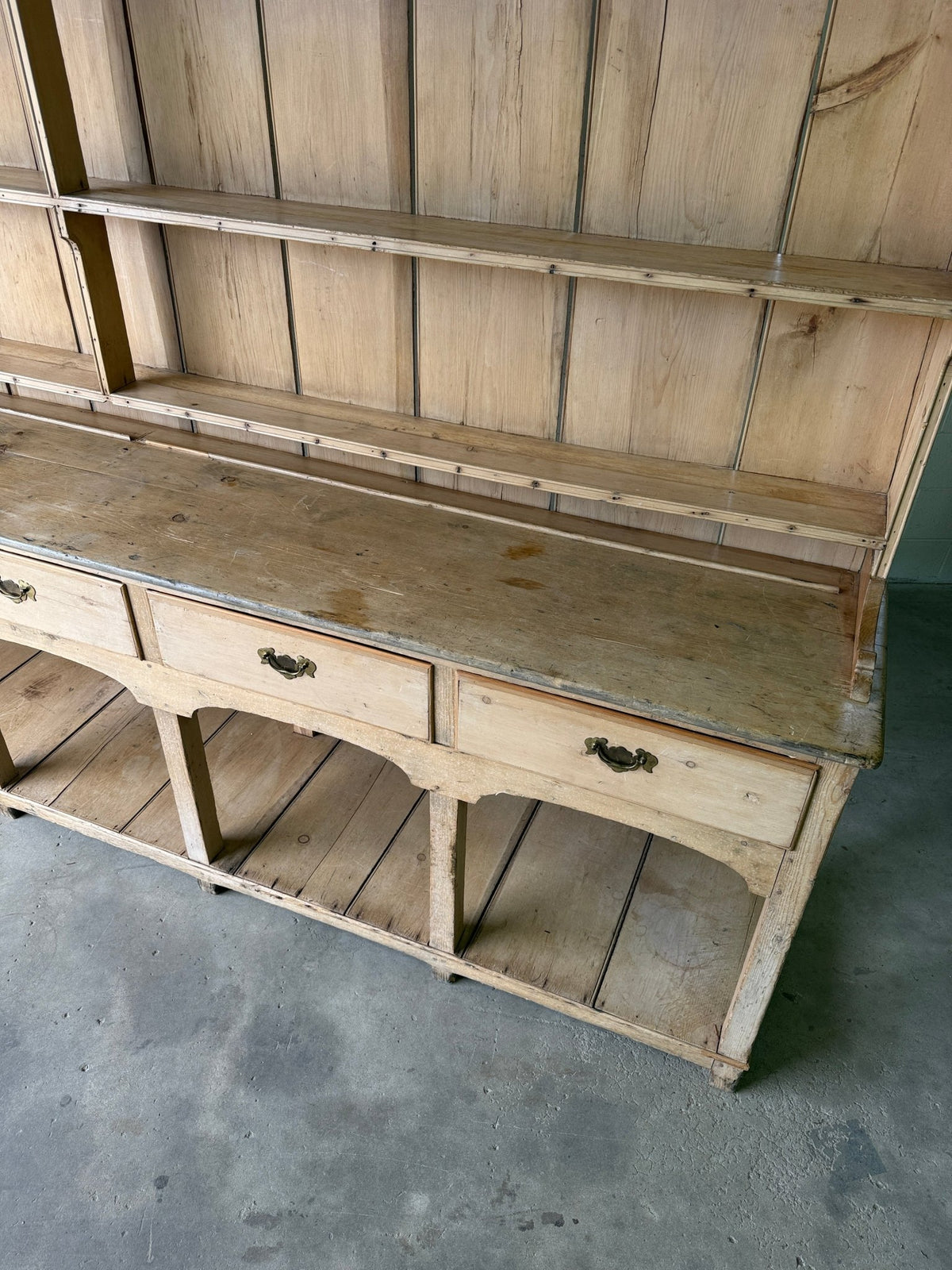 Antique Pine Potboard Kitchen Dresser Hutch – 10.7 ft English Country Cupboard with Drawers - House on Horizon