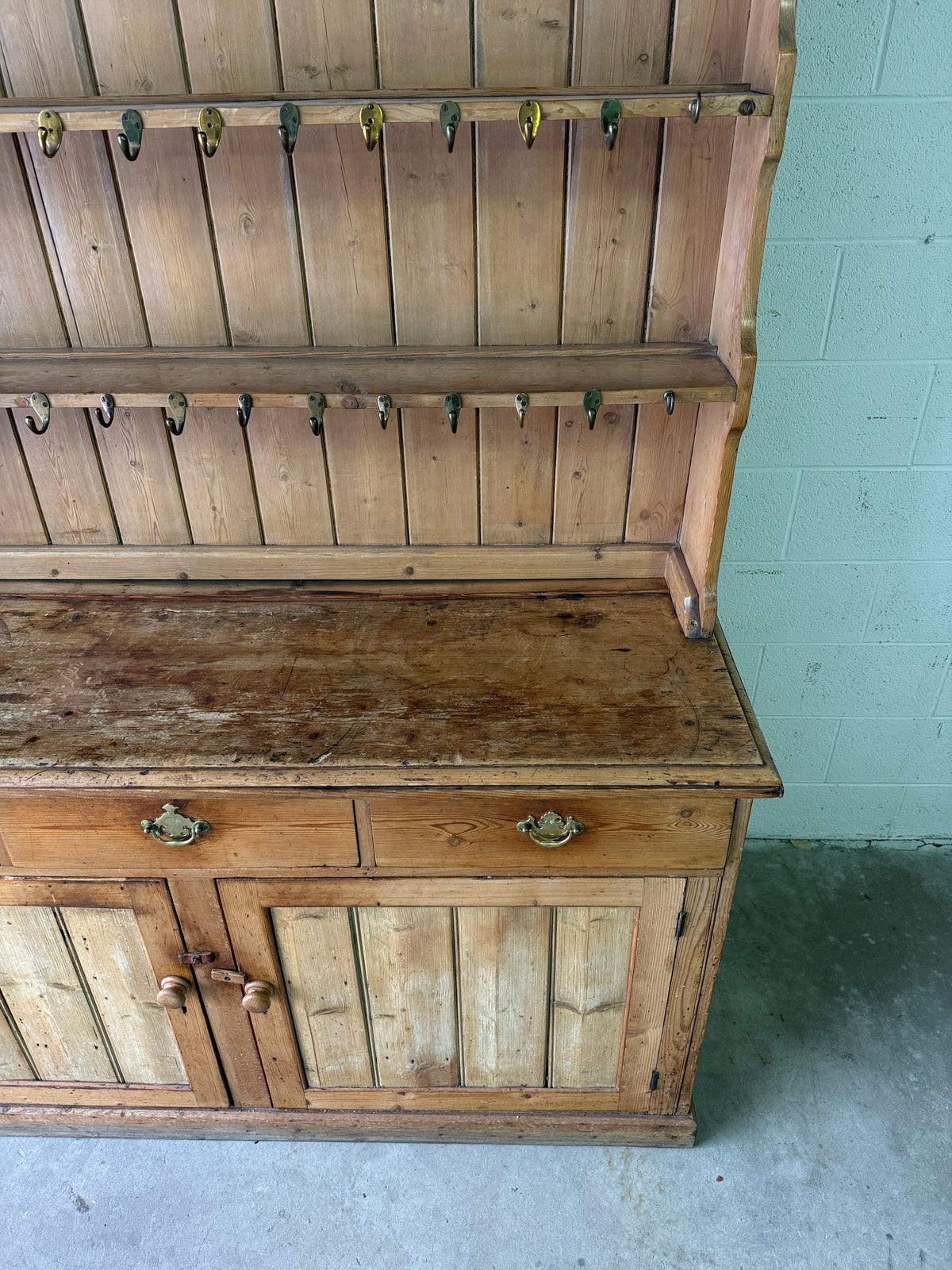 Antique pine waterfall kitchen dresser with hooks - House on Horizon