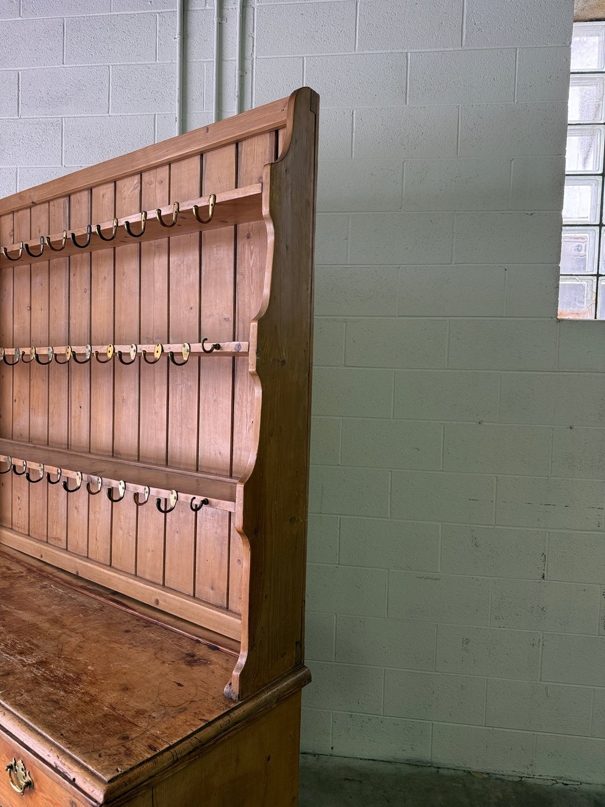 Antique pine waterfall kitchen dresser with hooks - House on Horizon