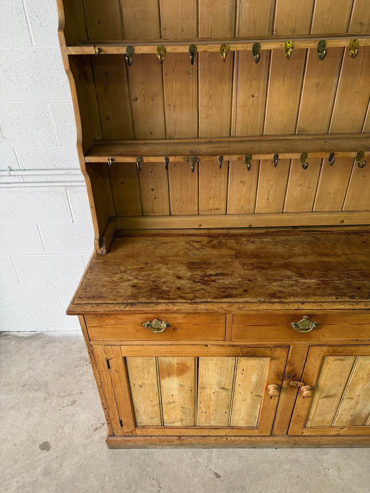 Antique pine waterfall kitchen dresser with hooks - House on Horizon