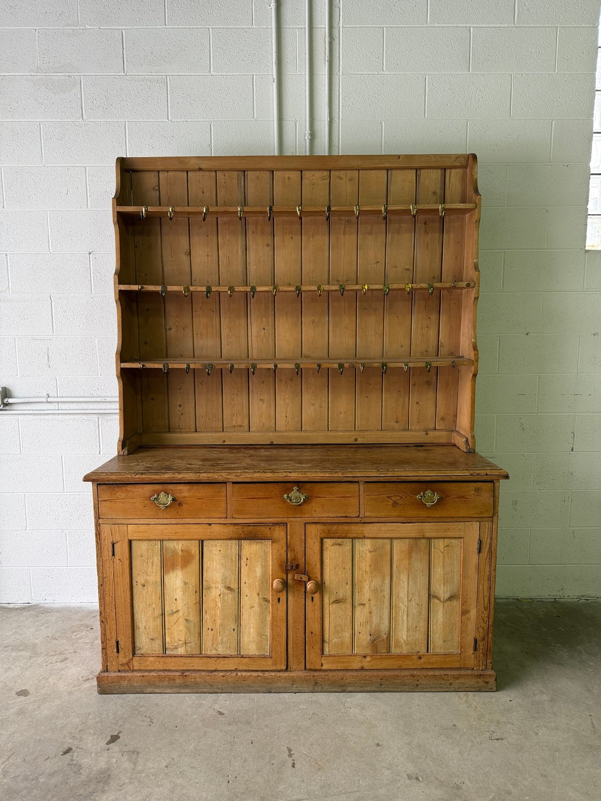Antique pine waterfall kitchen dresser with hooks - House on Horizon