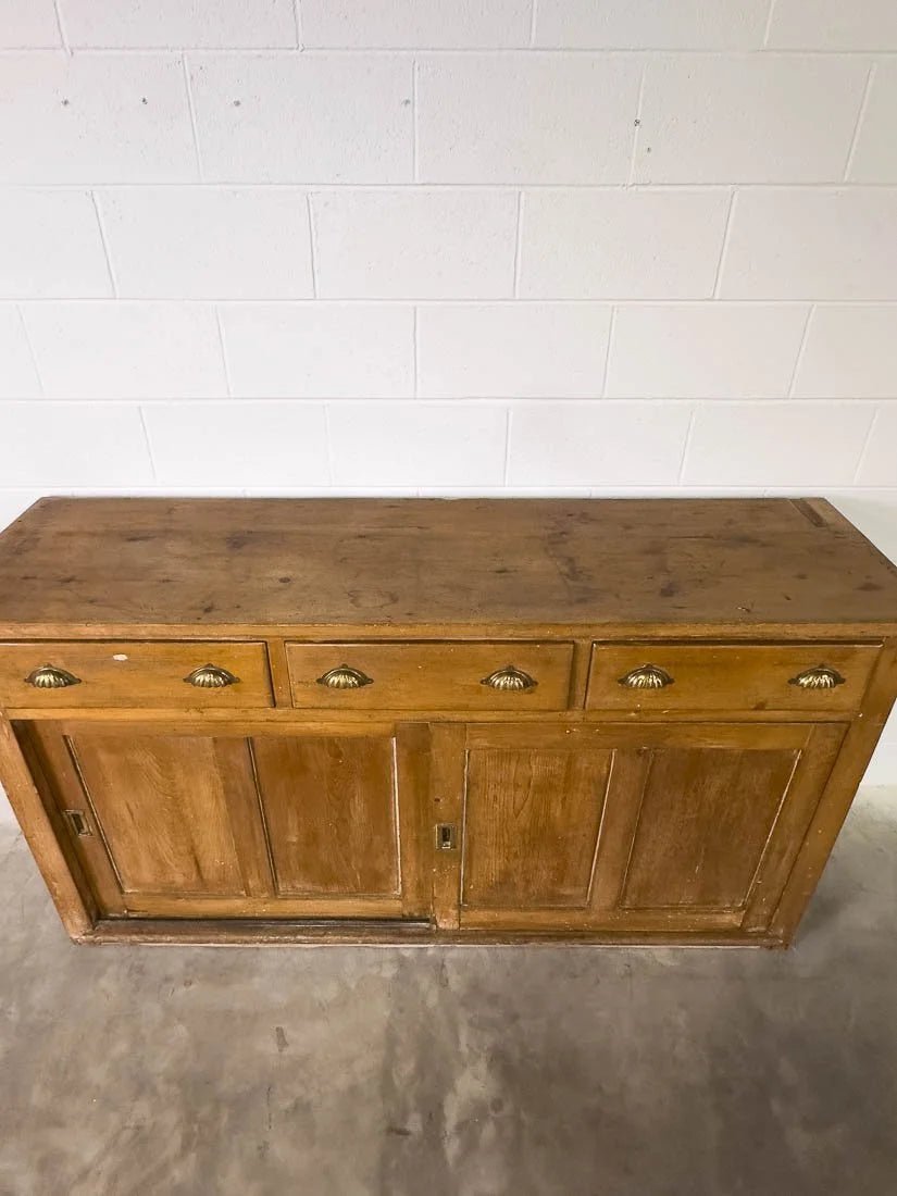 English pine sideboard with sliding doors and brass hardware - House on Horizon