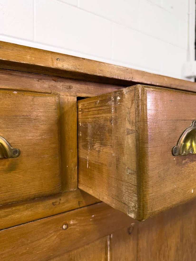 English pine sideboard with sliding doors and brass hardware - House on Horizon