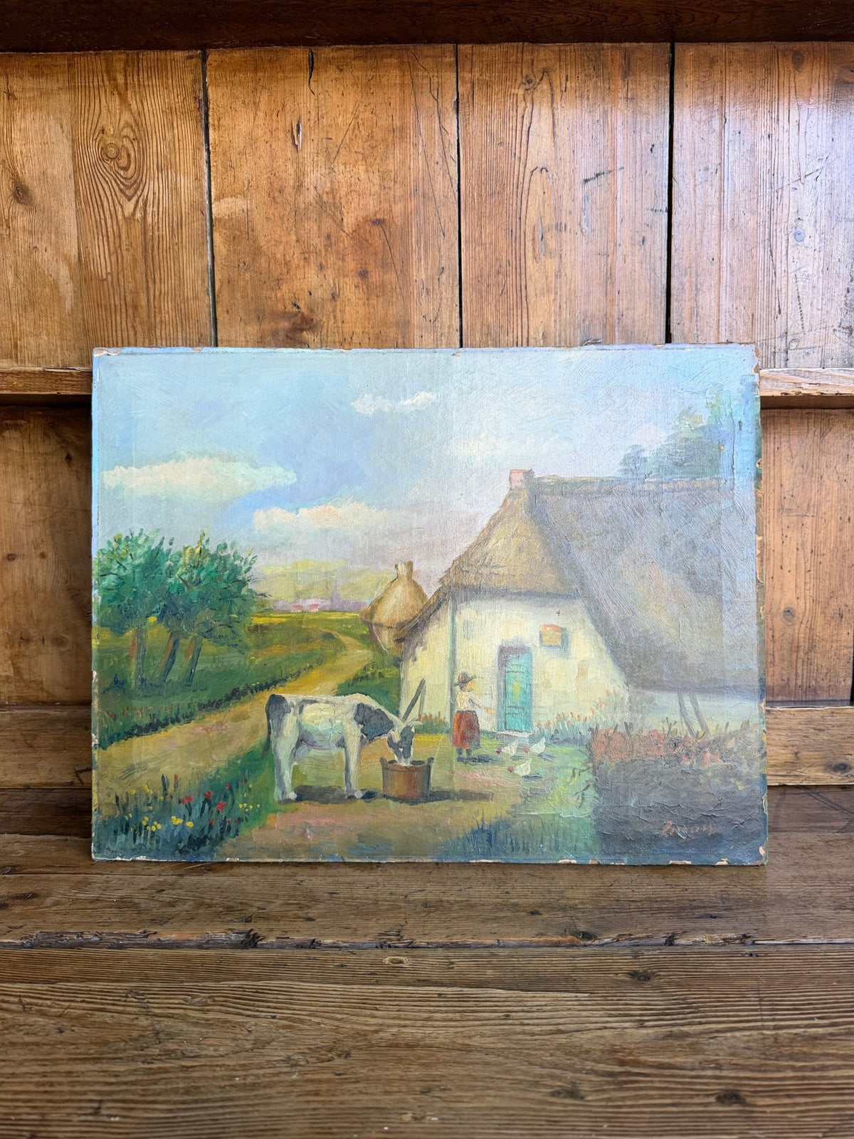European antique oil on canvas - House on Horizon