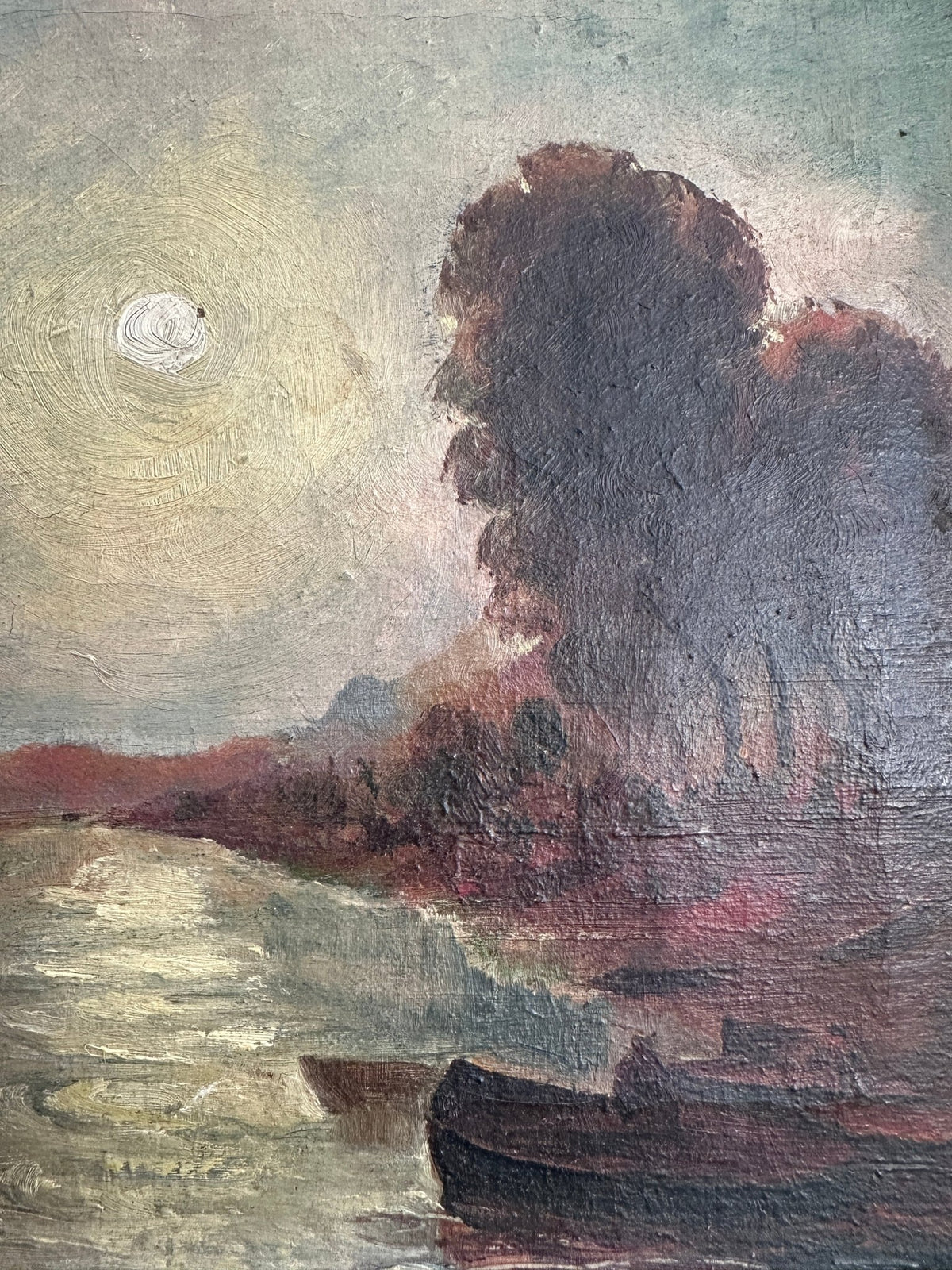 Oil on canvas, boats in a bay - House on Horizon