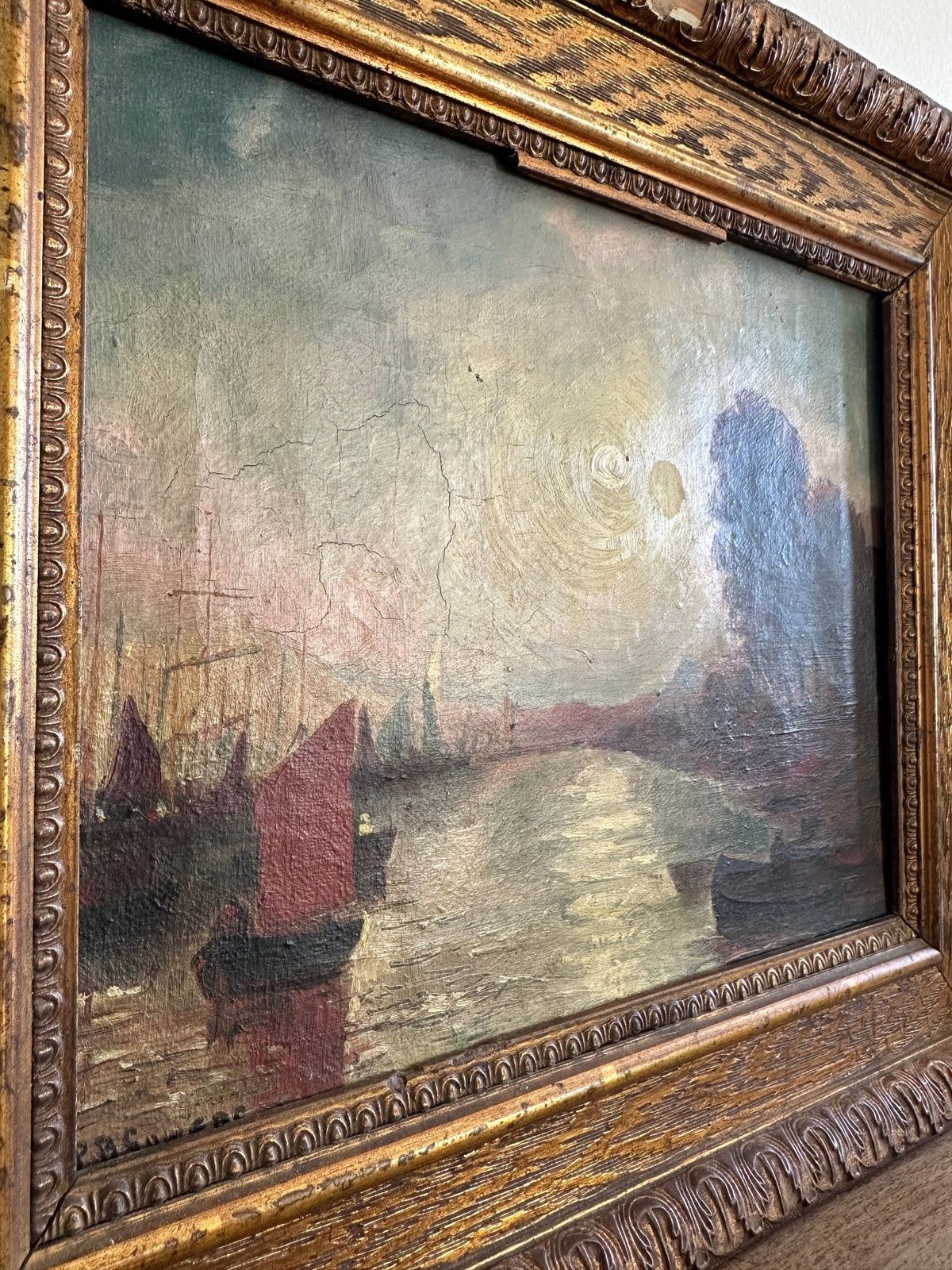 Oil on canvas, boats in a bay - House on Horizon