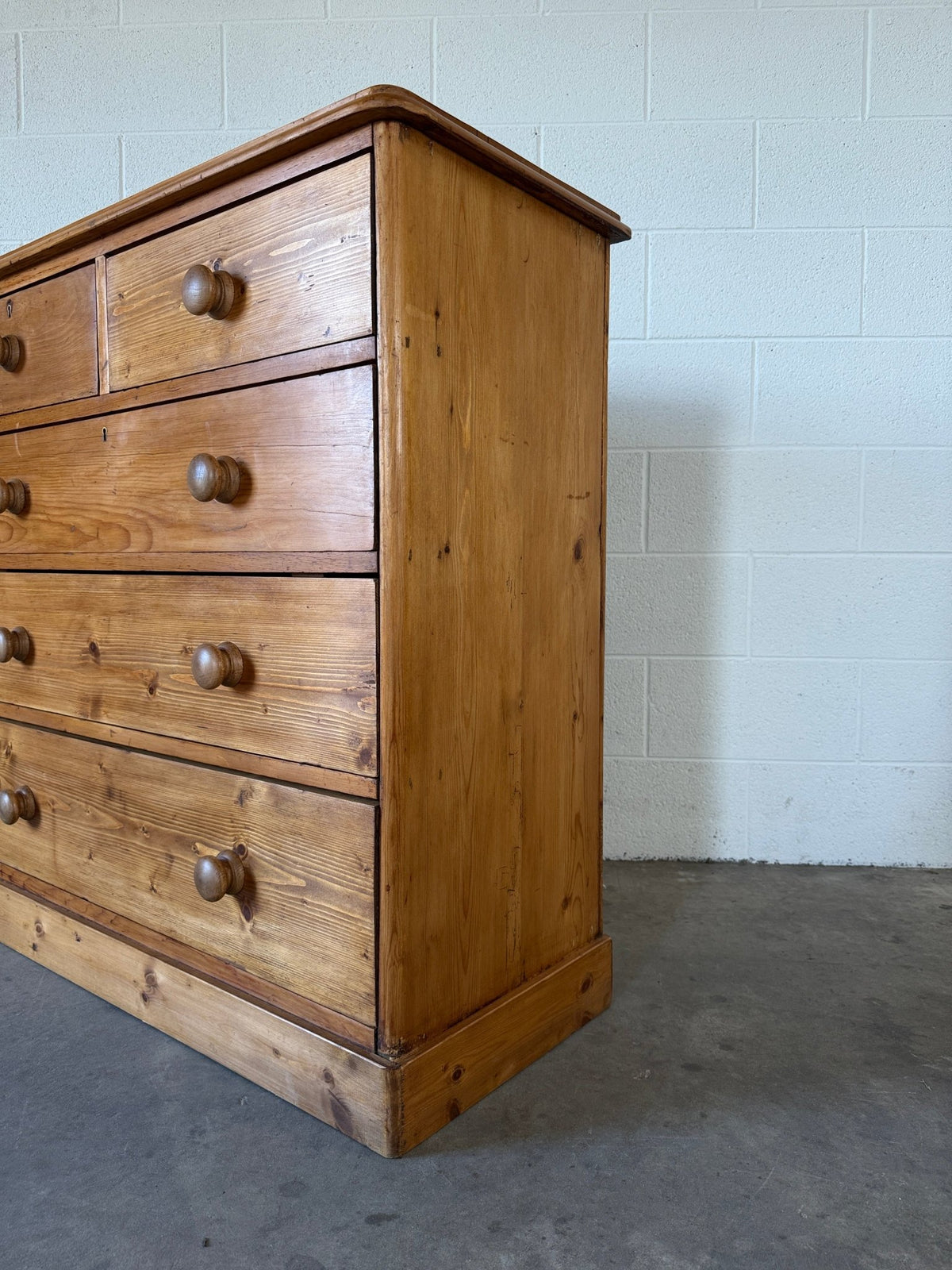 Solid antique pine chest of drawers set on plinth base - House on Horizon