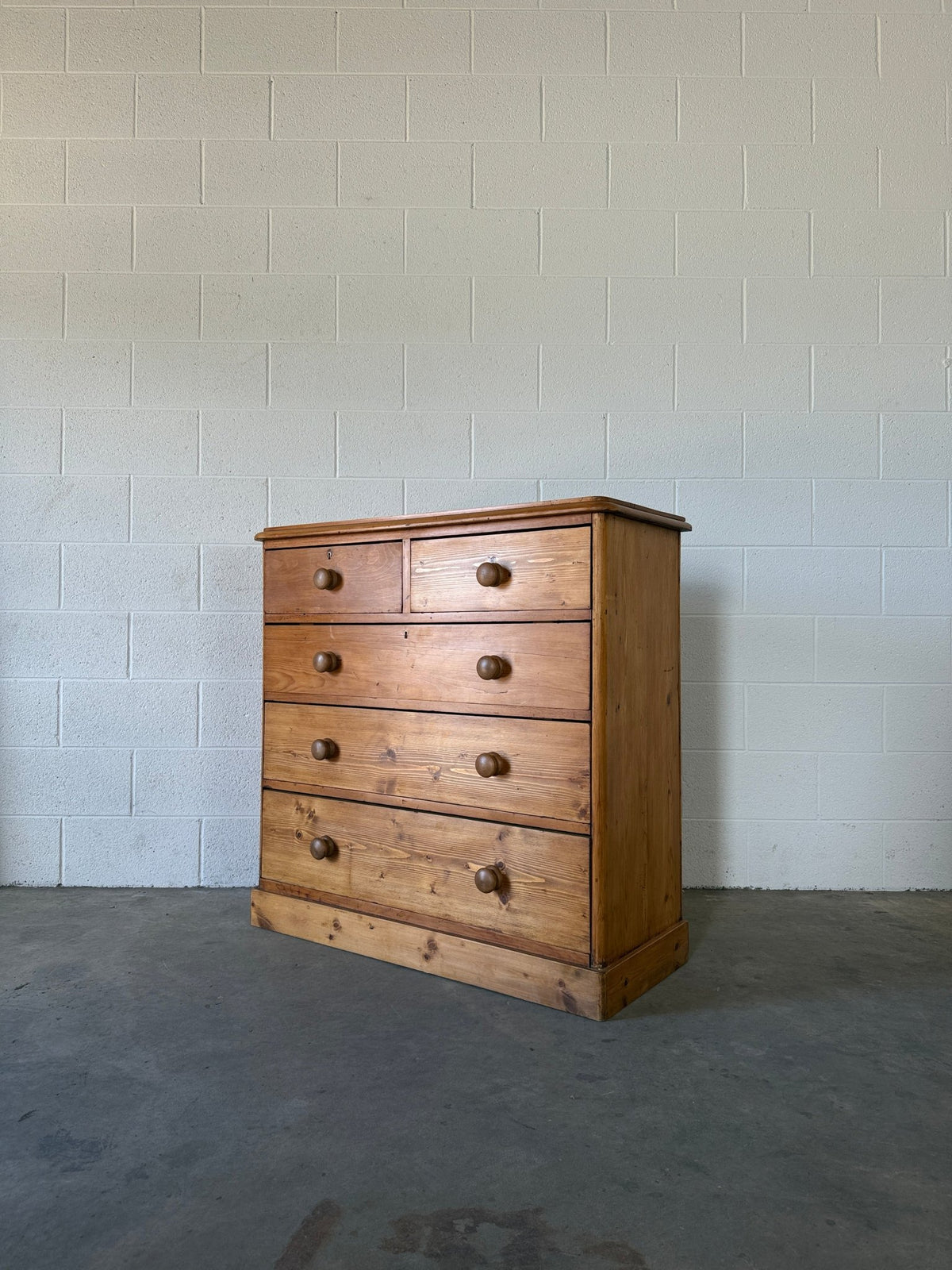 Solid antique pine chest of drawers set on plinth base - House on Horizon