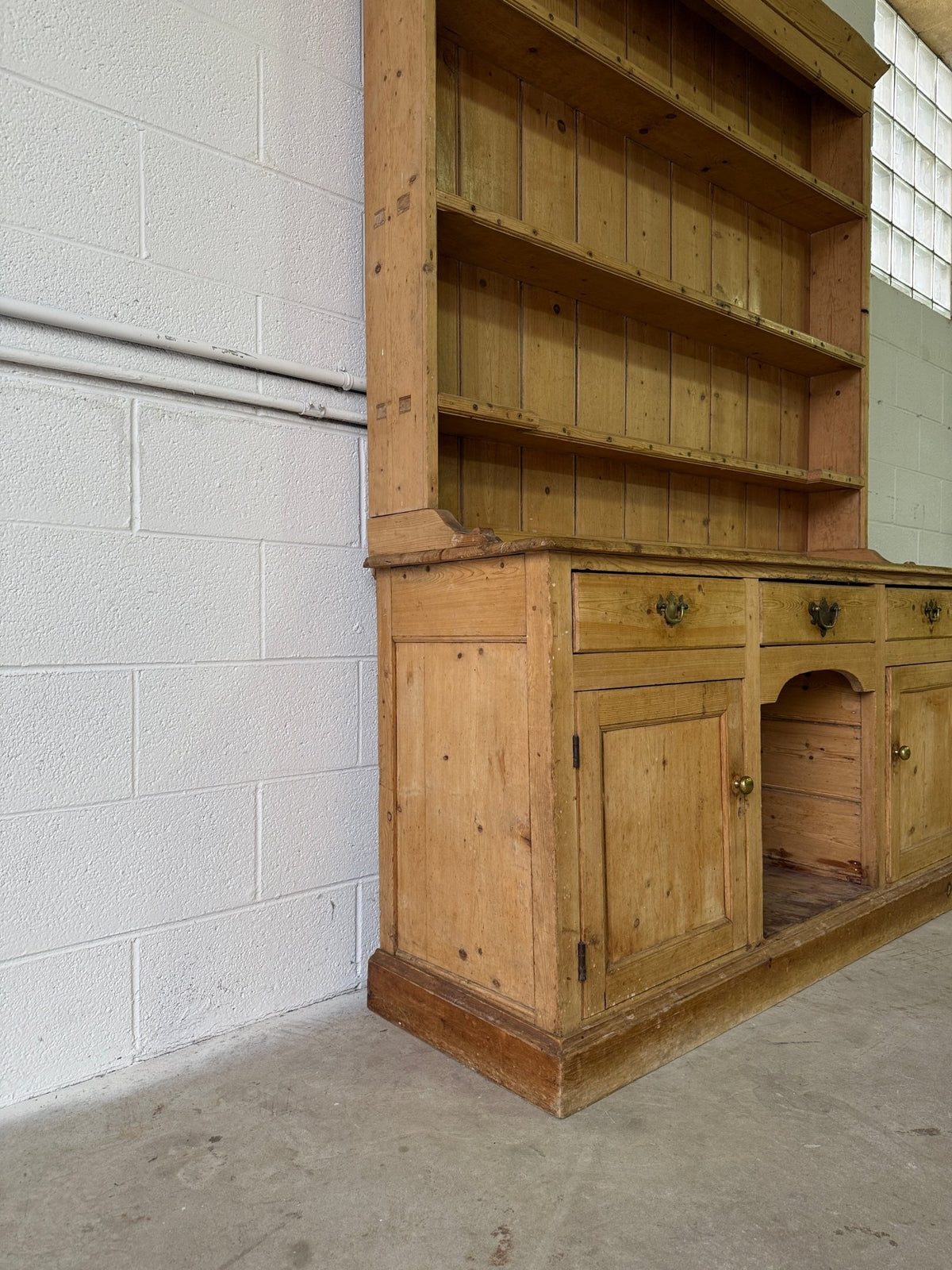 Striking antique pine kitchen dresser with brass pulls - House on Horizon