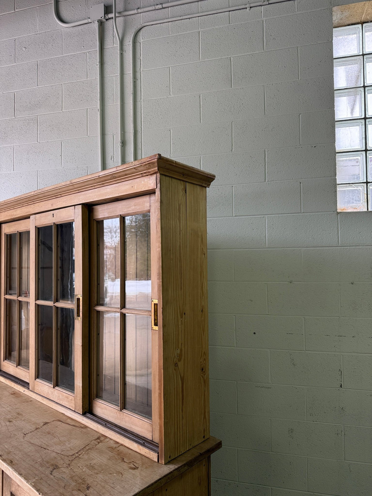 Victorian pine cupboard with glass sliding doors - House on Horizon