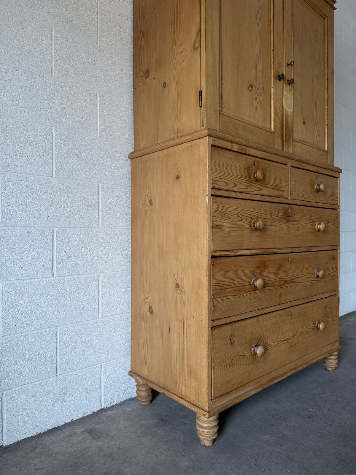 Victorian Pine Linen Press with Working Key - House on Horizon